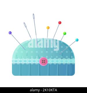 Cute polka dot blue pincushion with neddles and pins clipart. Sewing or tailoring kit, handmade cloth, home leisure, hobby, craft, DIY concept. Stock Stock Vector