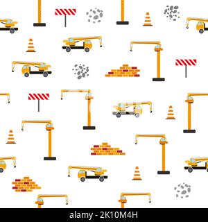 Cute childish seamless pattern with yellow car dump truck, crane, concrete mixer. Construction site illustration in cartoon style. Stock Vector