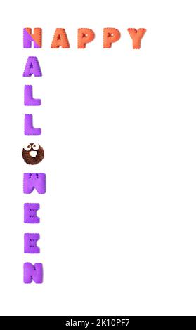 Text of HAPPY HALLOWEEN Made with alphabet cookies and chocolate monster donut on white background Stock Photo