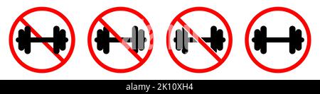 Dumbbell ban sign. Dumbbell is forbidden. Set of red prohibition sign