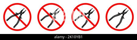 Pliers ban sign. Pliers is forbidden. Set of red prohibition signs of pliers. Vector illustration Stock Vector