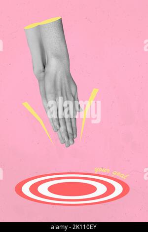 Vertical collage illustration of human hands black white colors aiming painted target your goal isolated on pink background Stock Photo