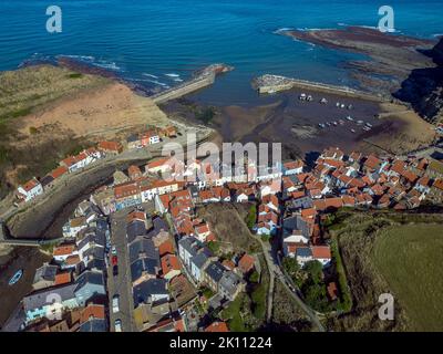 Aerial view of the village of Staithes on the North Yorkshire coast in the United Kingdom. Formerly one of the many fishing centers in England, Staith Stock Photo