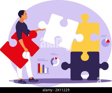 Problem solving. creative decision, difficult task concept. Man assembling puzzle. Cooperation and teamwork. Vector illustration. Flat. Stock Vector