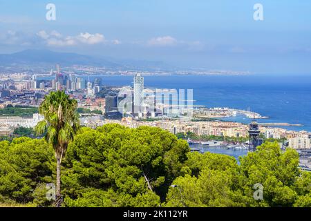 Panoramic view of barcelona's marina and the coast with its beaches and seaside buildings, Catalonia, Spain. Stock Photo