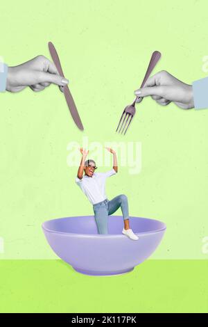 Vertical collage illustration of two big arms black white gamma hold knife fork eat mini person inside bowl isolated on drawing background Stock Photo