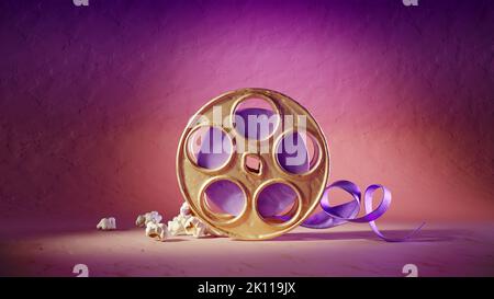 Film cinema disk with film-strip and popcorn made of clay on bright colourful background. 3d rendered illustration. Online moview theater concept. Stock Photo
