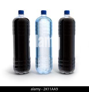 Tree bottles with transparent water and cola Stock Photo