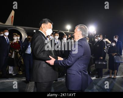 Samarkand. 14th Sep, 2022. Chinese President Xi Jinping arrives in Samarkand to pay a state visit to Uzbekistan and attend the 22nd meeting of the Council of Heads of State of the Shanghai Cooperation Organization (SCO), Sept. 14, 2022. At the airport, Xi was warmly greeted by Uzbek President Shavkat Mirziyoyev, Prime Minister Abdulla Aripov, Foreign Minister Vladimir Norov, Governor of Samarkand region Erkinjon Turdimov and other high-level officials. Credit: Li Xueren/Xinhua/Alamy Live News Stock Photo