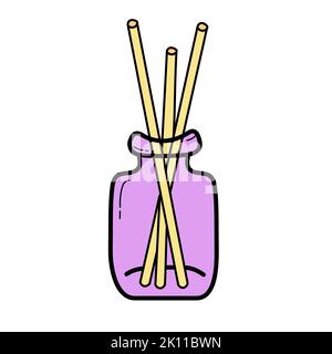 Wooden aroma sticks in glass jar. Essential air fragrance sticks aromatherapy. Spa and beauty relax. Vector illustration in doodle style Stock Vector