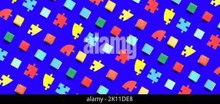 Many pieces of jigsaw puzzle on blue background. Pattern for design Stock Photo