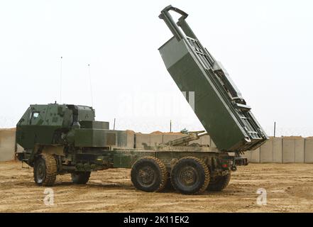 Kherson, Ukraine 31, June 2022 An M142 high-mobility artillery rocket system HIMARS prepares to fire. The truck and launcher comprise the High Mobilit Stock Photo
