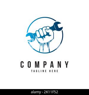 Hand with wrench in the circle line logo design template. Service company logo design inspiration Stock Vector