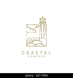 Coastal beach with lighthouse logo design vector template Stock Vector