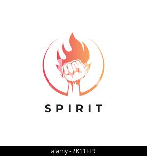 Fist hand with fire flame in the circle logo design template. Spirit illustration symbol Stock Vector