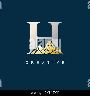 Letter H with golden mountain illustration logo design template Stock Vector