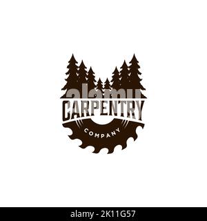 wood working symbol logo design. Creative icon for carpentry company. Sawmill with tree illustration for wood work company Stock Vector