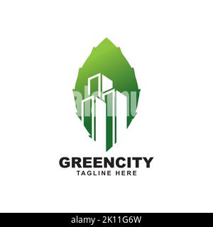 building with leaf symbol logo design vector template. Green city illustration Stock Vector