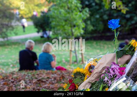 London UK. 14 September 2022. Members of the public continue to bring flowers and personal messages of condolence to Green Park near Buckingham palace to express their sadness and sympathy after the death of Queen Elizabeth II the longest serving British monarch who died at Balmoral castle on 8 September.Photo Horst A. Friedrichs Alamy Live News Stock Photo