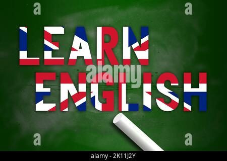 Learn English with United Kingdom flag color on chalkboard, 3d rendering Stock Photo