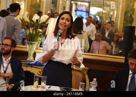 Naples, Italy. 14th Sep, 2022. Mara Carfagna, Minister for the South and Social Cohesion, member of Azione's party, holds one electoral speech in Naples about the work stability for womens and for the young. (Photo by Pasquale Gargano/Pacific Press) Credit: Pacific Press Media Production Corp./Alamy Live News Stock Photo
