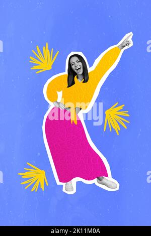 Vertical creative collage image of positive young woman student painting clothes dancing move have fun party disco entertainment concept Stock Photo