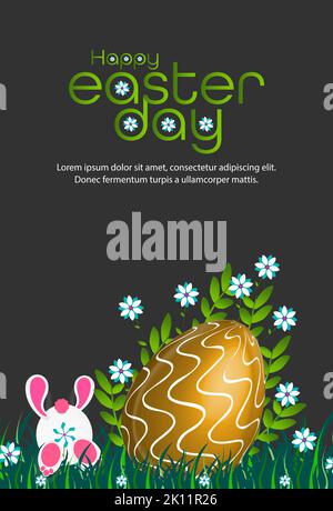 Easter poster and flyer template with big golden Easter eggs and Easter bunny jumping grass on black background. Stock Photo
