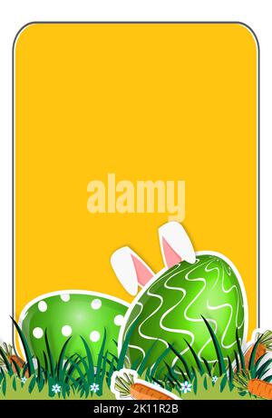 Happy Easter banner, poster, greeting card. Easter design with flowers, eggs, bunny ears, in yellow colors backgrounds. Stock Photo