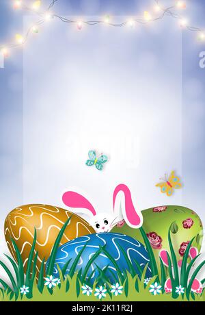 illustration of Happy Easter banner, poster, greeting card. bunnies, grass, flowers, eggs, butterfly. Stock Photo