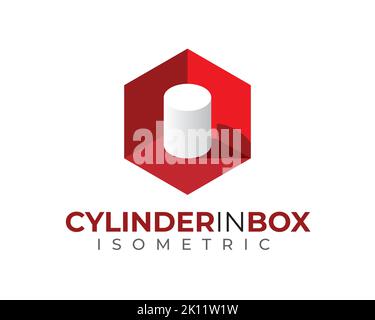 white 3D 3 Dimensional isometric cylinder barrel inside red hexagon box with light and shadow Stock Vector