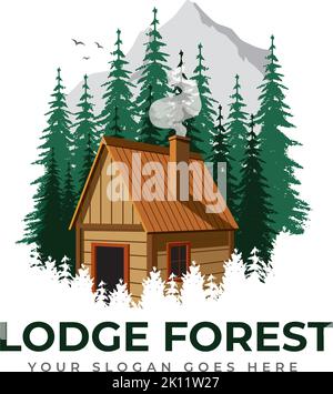 wood cabin logo vector graphic with chimney, smoke, birds, pines and mountain for any business especially for outdoor activity, hunting, travel and ho Stock Vector