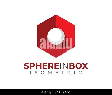 white 3D 3 Dimensional isometric globe ball sphere inside red hexagon box with light and shadow Stock Vector