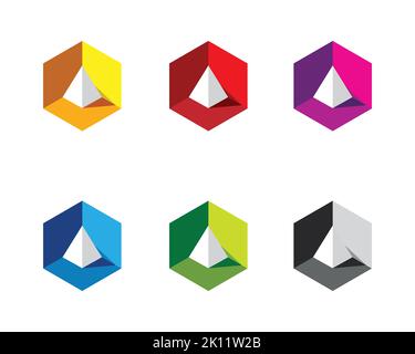 white 3D 3 Dimensional isomentric prism pyramid inside red hexagon box with light and shadow Stock Vector