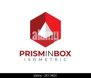 white 3D 3 Dimensional isomentric prism pyramid inside red hexagon box with light and shadow Stock Vector