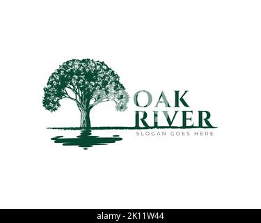 Oak Tree logo design vector template.tree and lake river water reflection Stock Vector