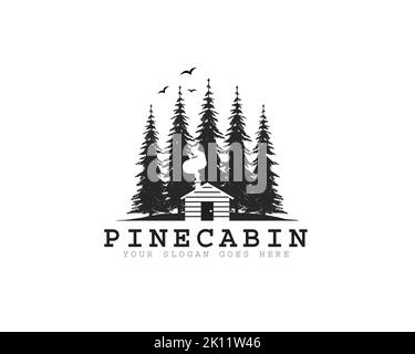 wood cabin logo vector graphic with chimney, smoke, birds, pines and mountain for any business especially for outdoor activity, hunting, travel. Stock Vector