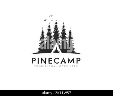 coniferous forest, mountains and wooden logo. camping and wild nature. landscapes with pine trees and hills. Stock Vector
