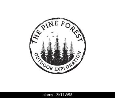 Round Emblem logo label of Rustic Retro Vintage Hemlock, Evergreen, Pines, Spruce, Cedar trees Stock Vector