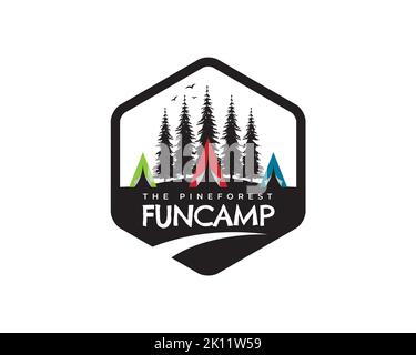 coniferous forest, mountains and wooden logo. Fun camping and wild nature. landscapes with pine trees and hills. Stock Vector