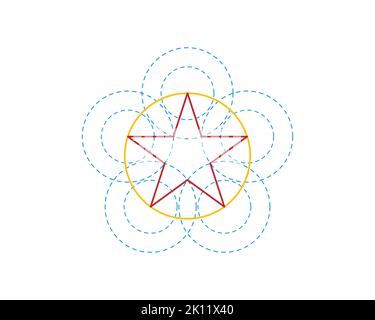 pentagram star with circular dash dotted lines as guidelines Stock Vector