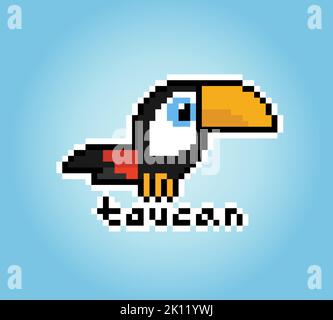 Pixel 8 bit toucan bird. Animal game assets in vector illustration. Stock Vector