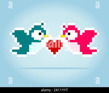 Pixel 8 bit couple bird. Animal game assets in vector illustration. Stock Vector