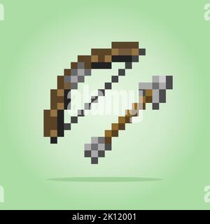8-bit pixel wooden bow and arrow. Icons for game assets in vector illustrations. Stock Vector
