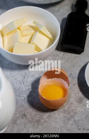 baking ingredients ob grey marble table Stock Photo