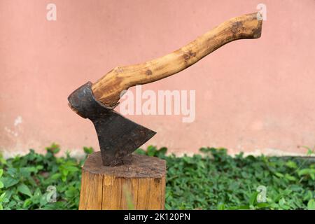Antique sharp ax in a log Stock Photo - Alamy