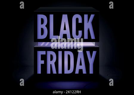 Black friday, year biggest sale vector poster template. Violet neon light box with annual discount offer promo and loading bar. Stylish seasonal clearance advert. Price reduction minimal banner design Stock Vector