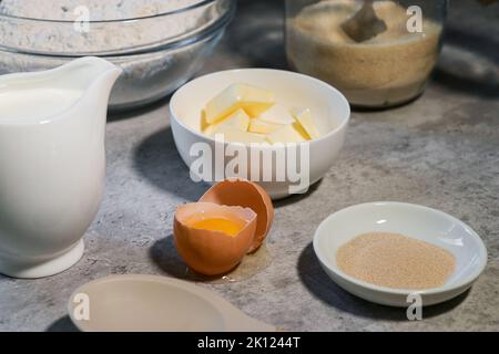 baking ingredients ob grey marble table Stock Photo