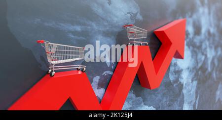 Inflation, groceries price up, food rising cost. Shopping cart and red arrow up on global map. Financial crisis concept. 3d render