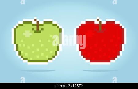 8 bit Pixel art apple. Fruit pixels for game assets in vector illustration. Stock Vector
