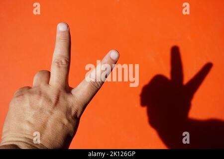 signs with various hand gestures on a red background Stock Photo